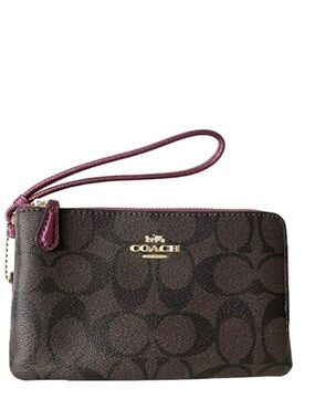 Coach Brown Signature Canvas Wristlet with Plum Trim